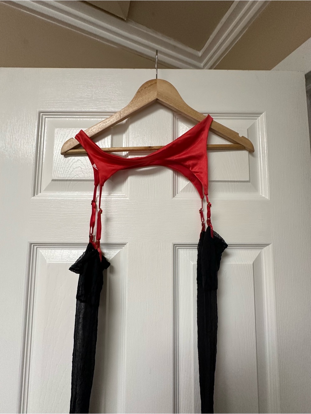 Victoria's Secret Red and Black Garter Belt with Sheer Stockings